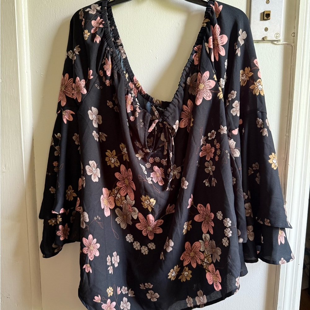 Indulge in Style Pink Bell Sleeve Off The Shoulder Blouse with Tie Front Floral